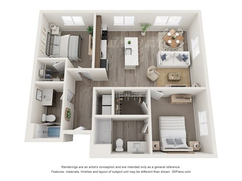 Floor plan for 2 beds, 2 baths, 996 sqft